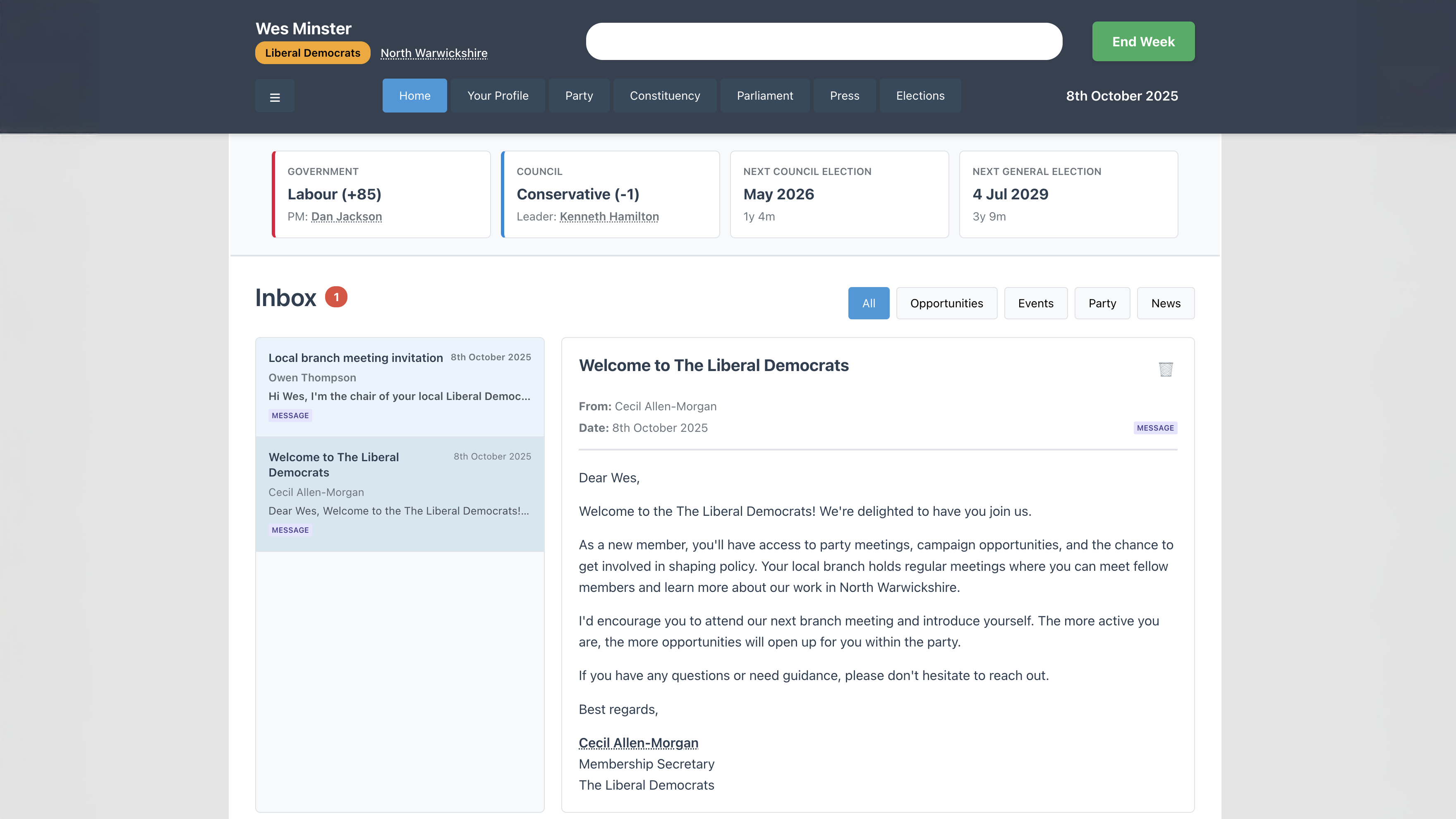 UK Political Simulator ward view