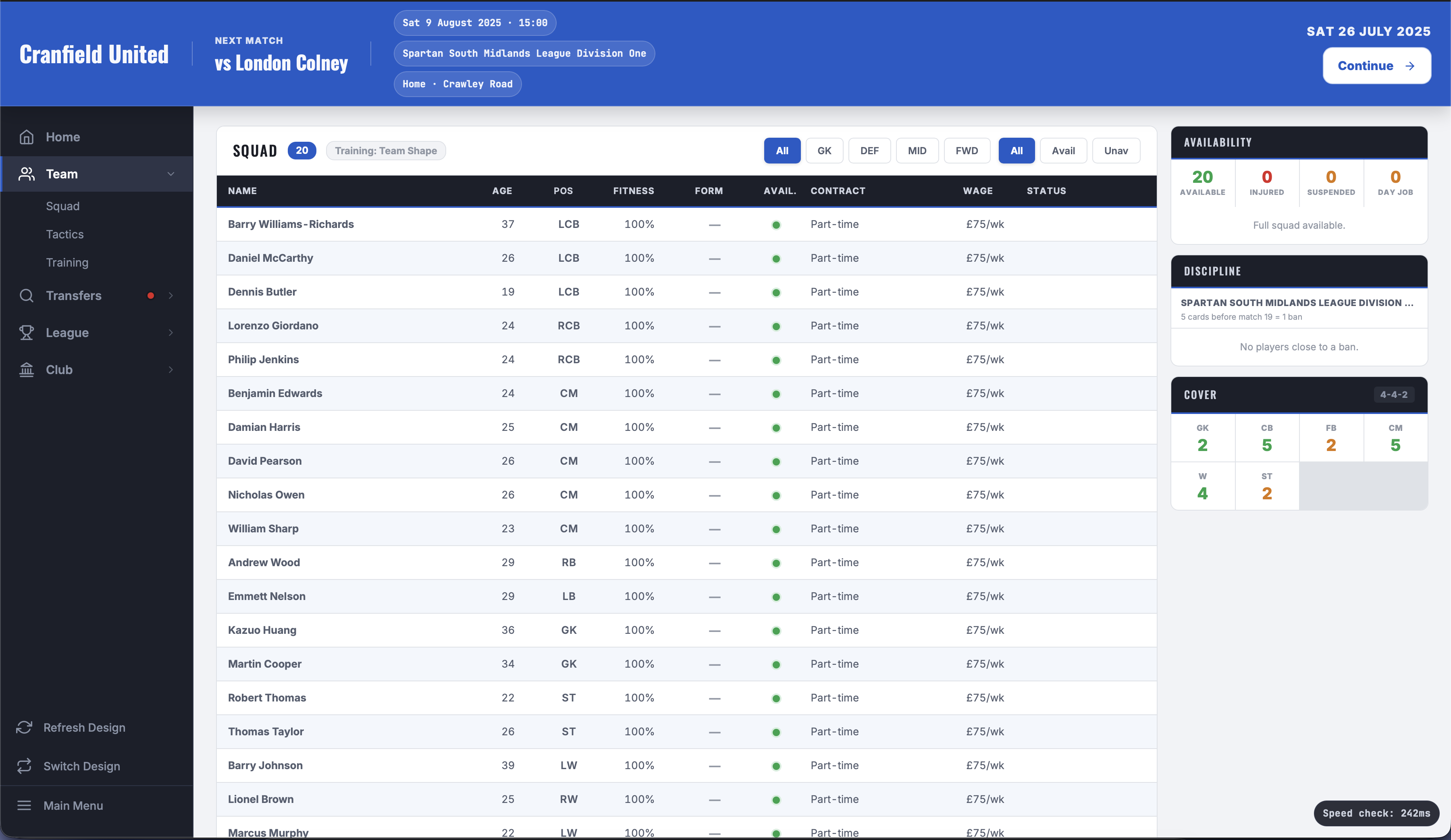 Squad screen  - Cranfield United